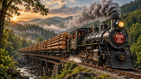 Steam locomotive hauling logs through a wooded valley