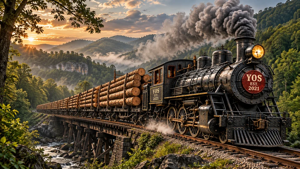 Steam locomotive hauling logs through a wooded valley